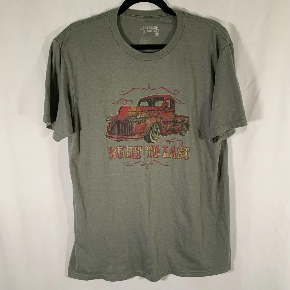 American Highway Shirt Large Green Graphic Print Built to Last Truck
